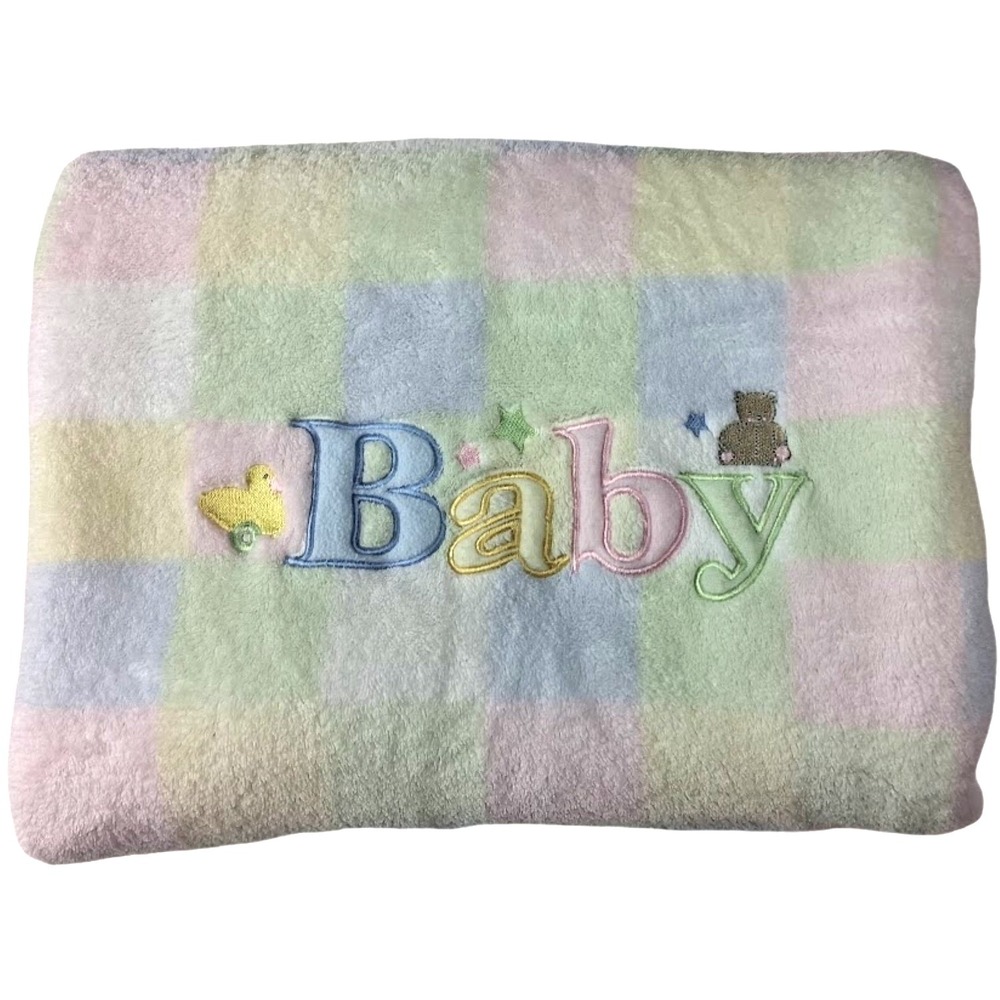 Baby Connection Pastel Plaid Embroidered Blanket Unisex Bear Duck Soft 30x40